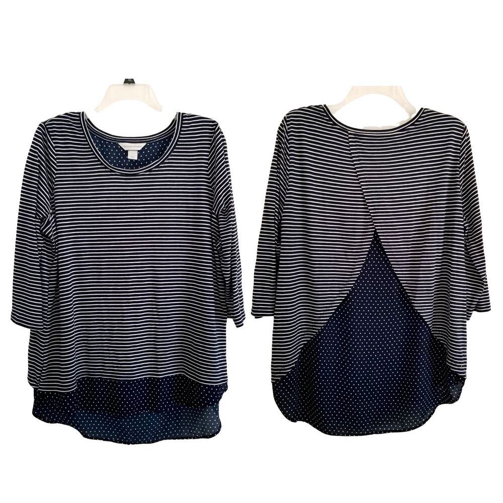 Christopher Banks Top Womens Large Navy Blue Striped Polka Dot Lagenlook Tunic